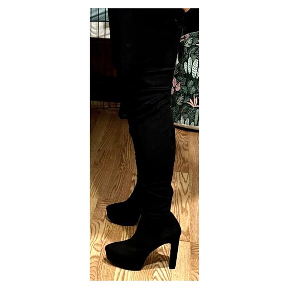 H & M Thigh High Platform Boots Stretch Faux Suede Black 10 - Picture 15 of 16